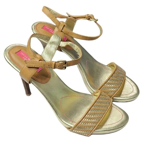 Isaac Mizrahi Isbelle Gold and Tan High Heel Sandals Size 9.5 - Picture 1 of 11
